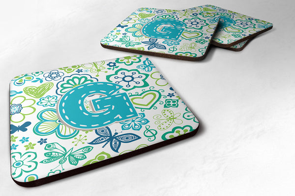 Set of 4 Letter G Flowers and Butterflies Teal Blue Foam Coasters CJ2006-GFC - the-store.com