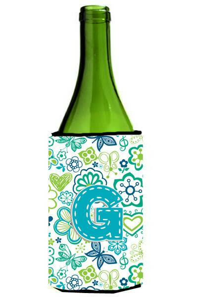 Letter G Flowers and Butterflies Teal Blue Wine Bottle Beverage Insulator Hugger CJ2006-GLITERK by Caroline&#39;s Treasures