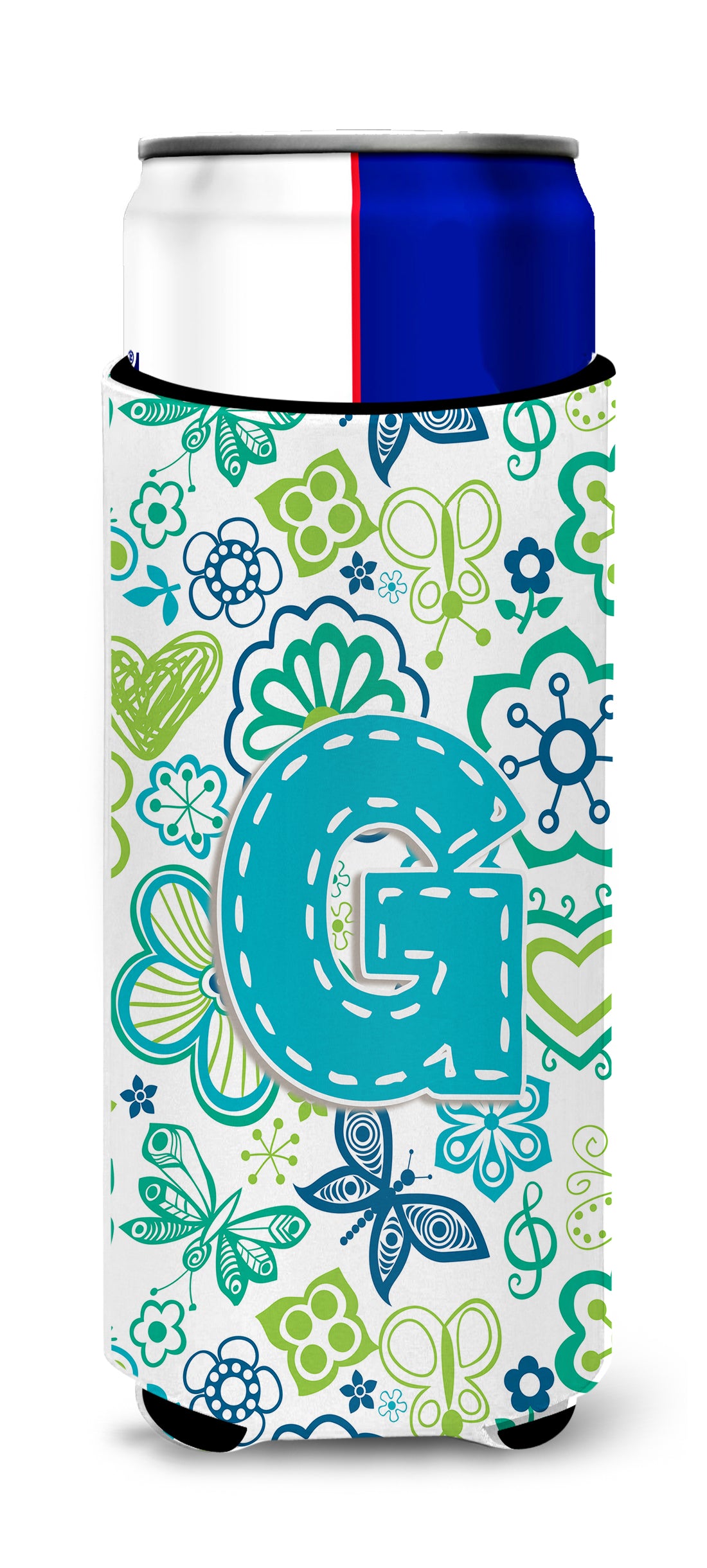 Letter G Flowers and Butterflies Teal Blue Ultra Beverage Insulators for slim cans CJ2006-GMUK