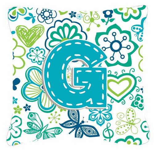 Letter G Flowers and Butterflies Teal Blue Canvas Fabric Decorative Pillow by Caroline&#39;s Treasures