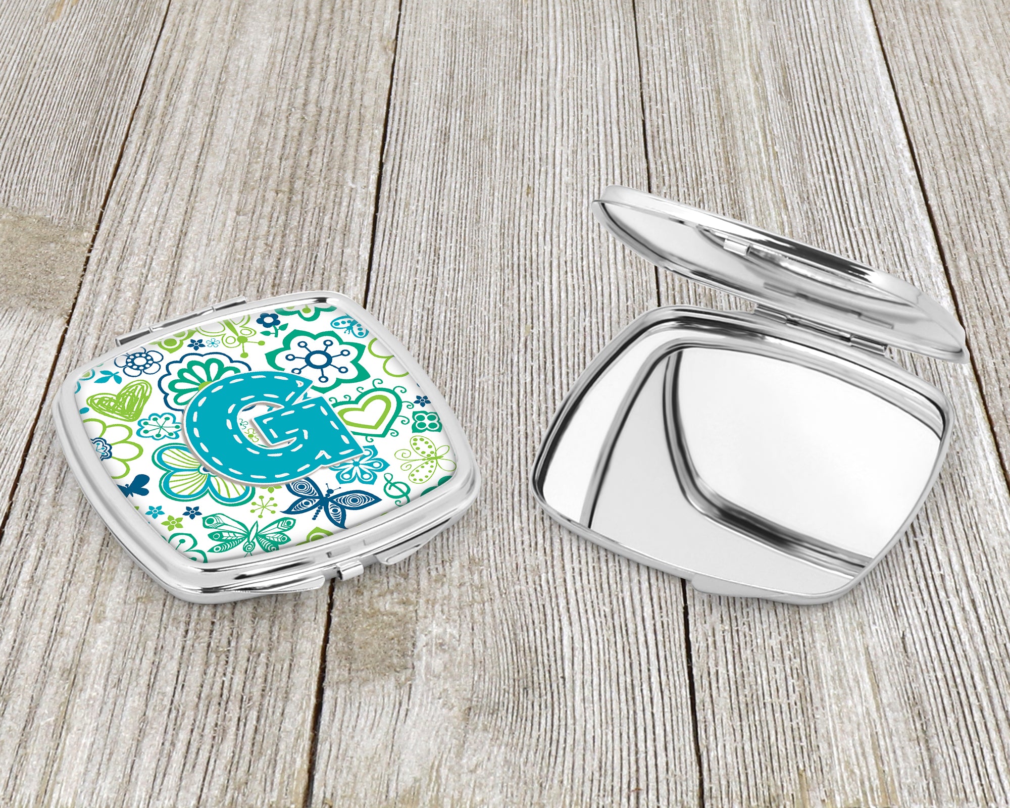 Letter G Flowers and Butterflies Teal Blue Compact Mirror CJ2006-GSCM  the-store.com.