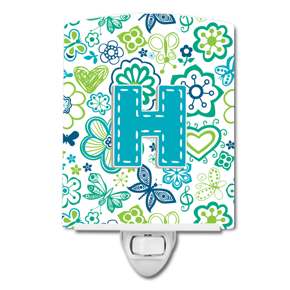 Letter H Flowers and Butterflies Teal Blue Ceramic Night Light CJ2006-HCNL - the-store.com