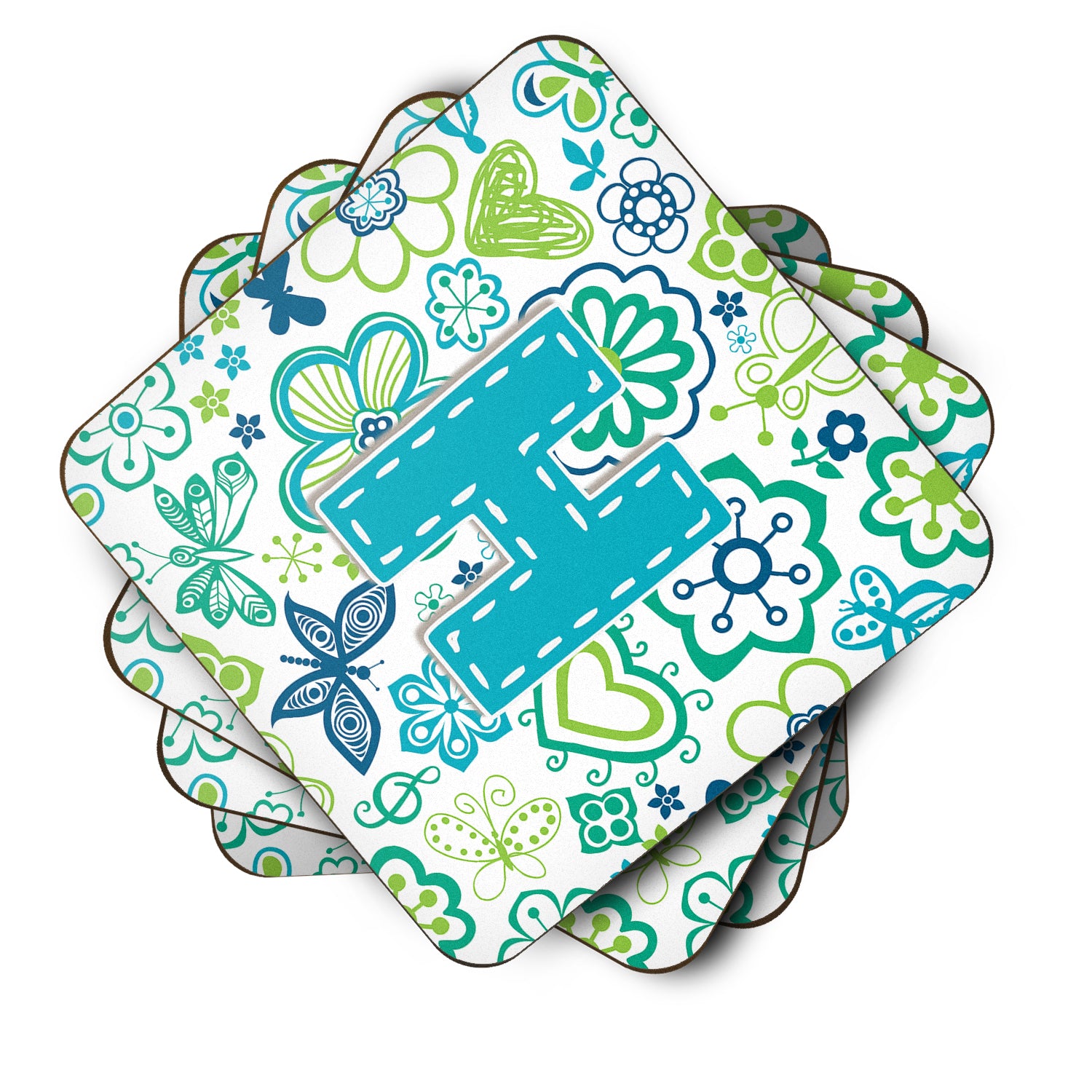 Set of 4 Letter H Flowers and Butterflies Teal Blue Foam Coasters CJ2006-HFC - the-store.com