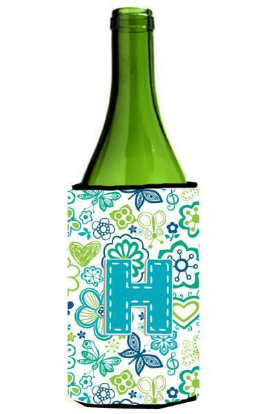 Letter H Flowers and Butterflies Teal Blue Wine Bottle Beverage Insulator Hugger CJ2006-HLITERK by Caroline&#39;s Treasures