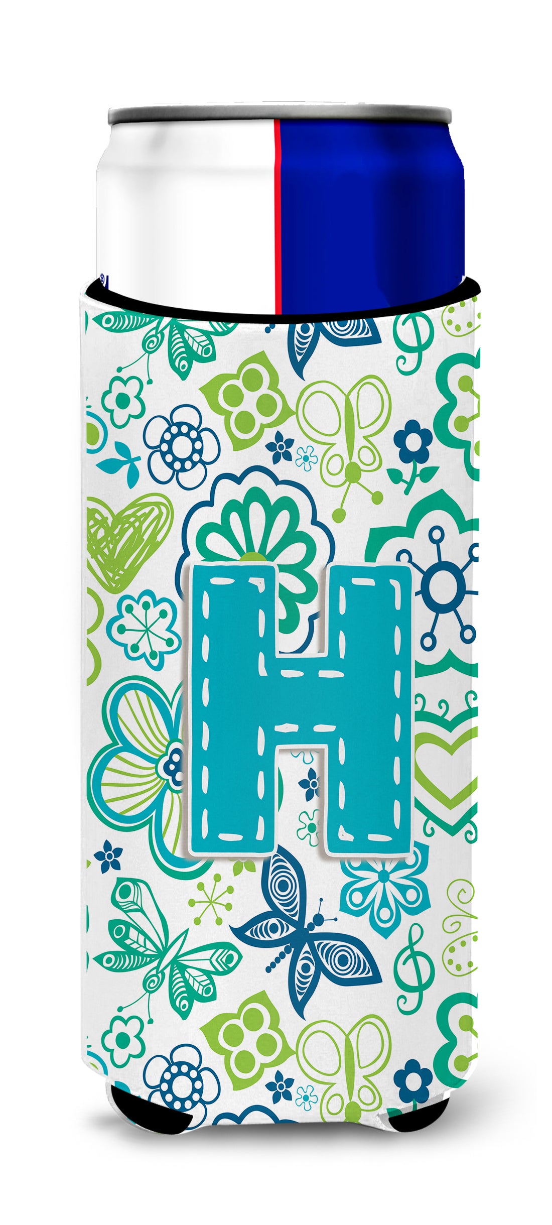 Letter H Flowers and Butterflies Teal Blue Ultra Beverage Insulators for slim cans CJ2006-HMUK.