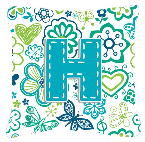 Letter H Flowers and Butterflies Teal Blue Canvas Fabric Decorative Pillow by Caroline&#39;s Treasures
