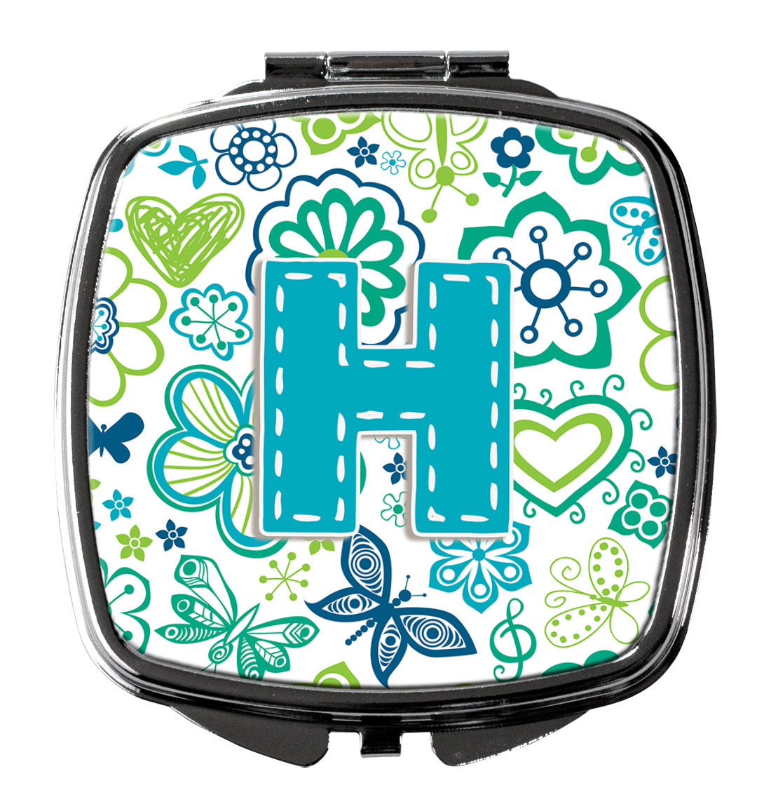 Letter H Flowers and Butterflies Teal Blue Compact Mirror CJ2006-HSCM