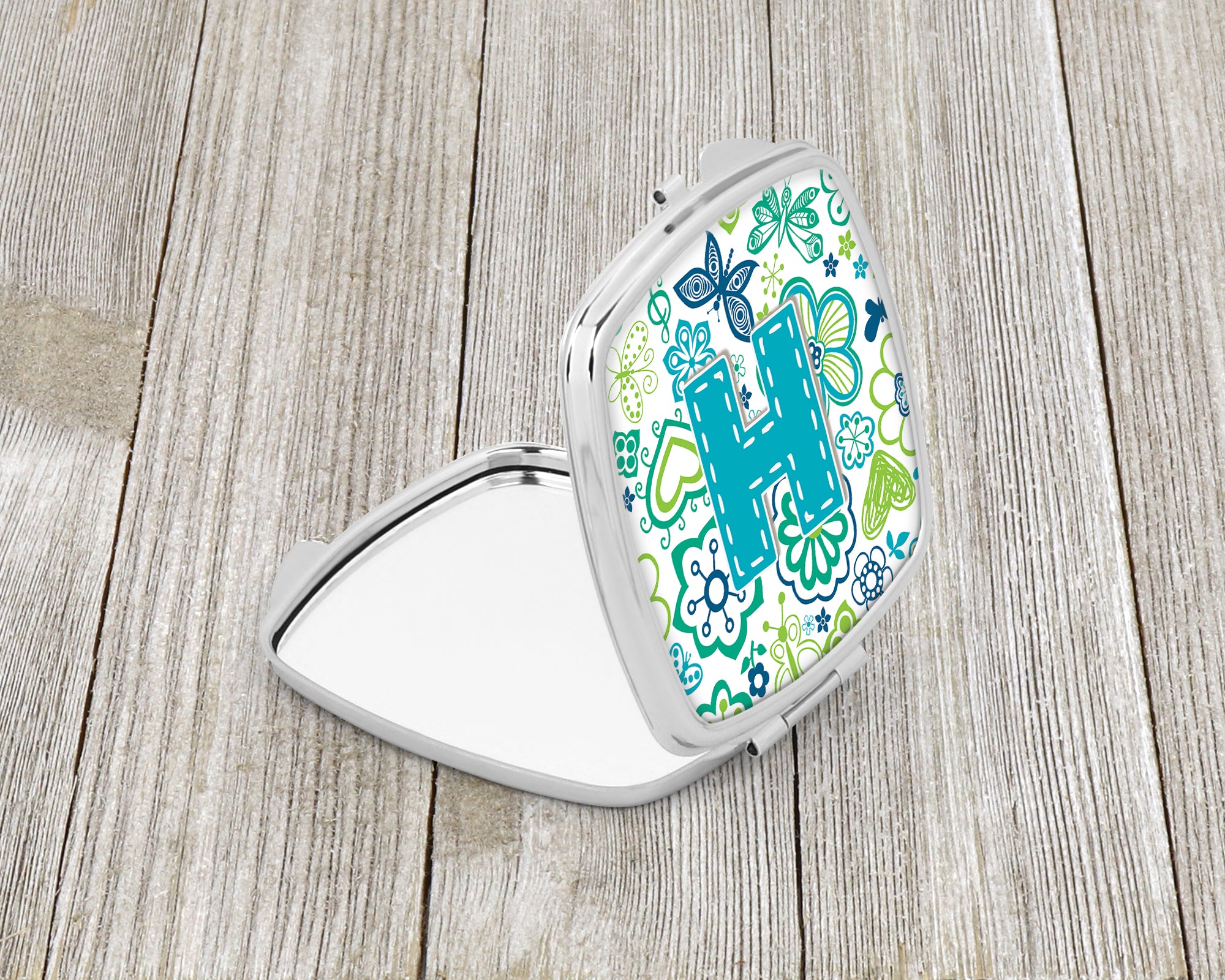 Letter H Flowers and Butterflies Teal Blue Compact Mirror CJ2006-HSCM  the-store.com.