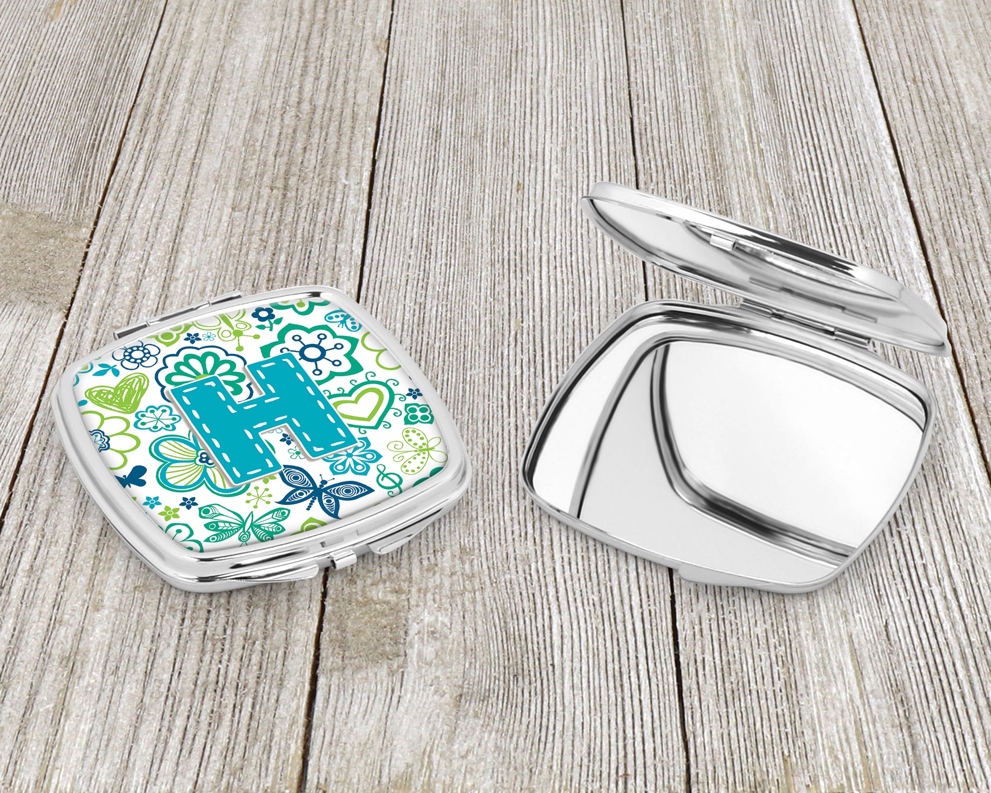 Letter H Flowers and Butterflies Teal Blue Compact Mirror CJ2006-HSCM