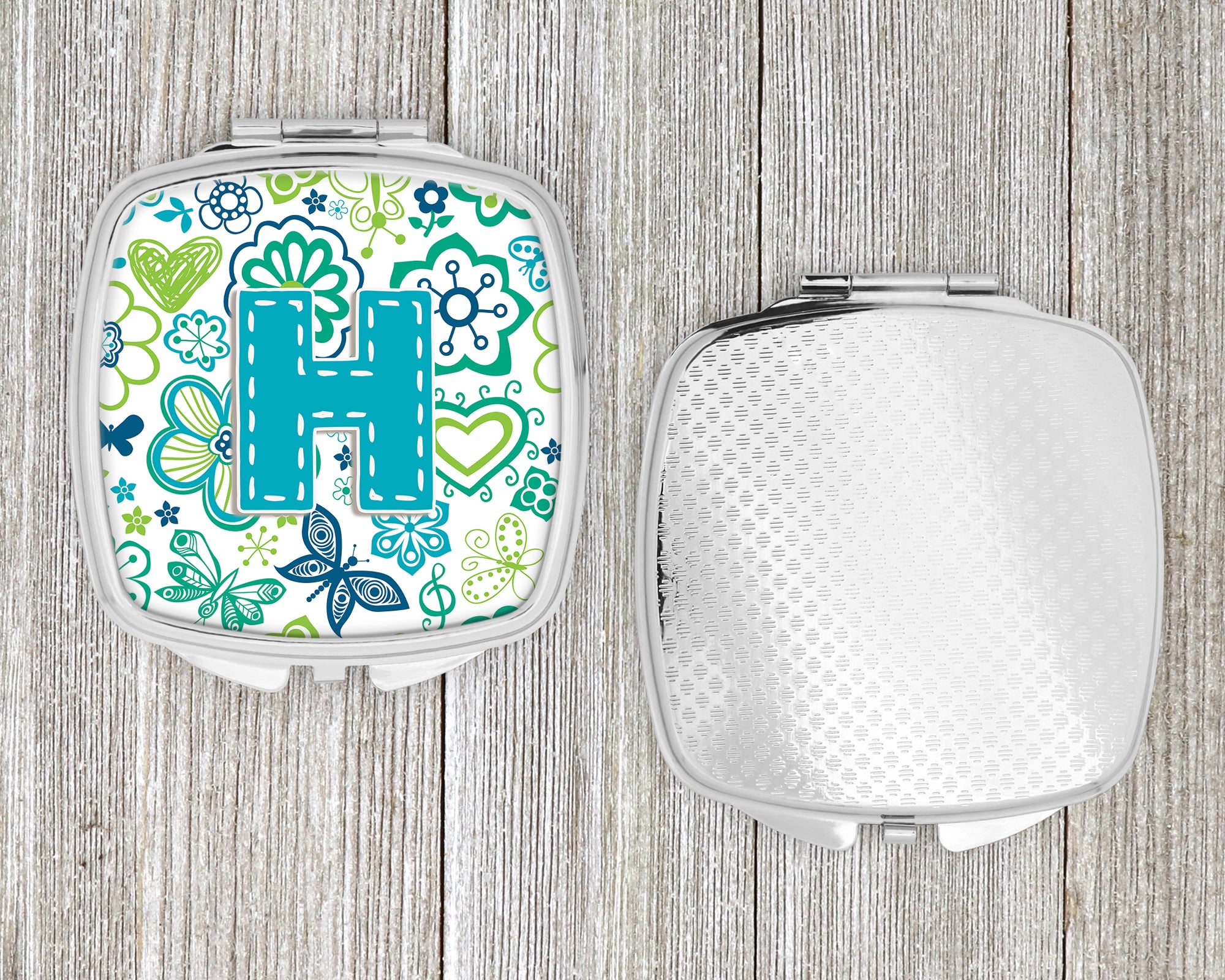 Letter H Flowers and Butterflies Teal Blue Compact Mirror CJ2006-HSCM  the-store.com.