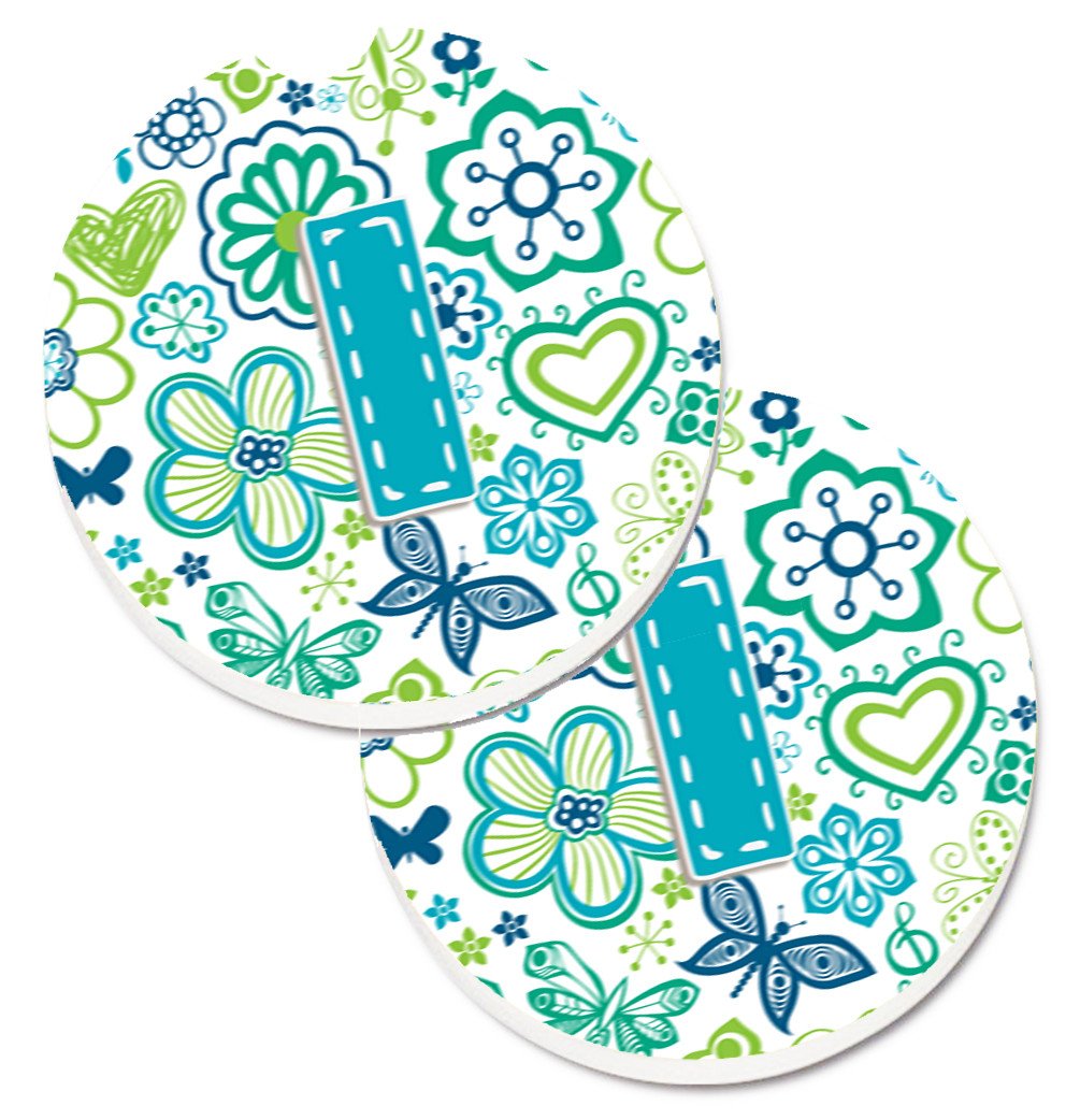 Letter I Flowers and Butterflies Teal Blue Set of 2 Cup Holder Car Coasters CJ2006-ICARC by Caroline&#39;s Treasures
