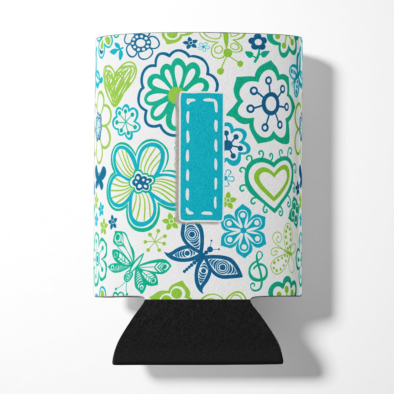 Letter I Flowers and Butterflies Teal Blue Can or Bottle Hugger CJ2006-ICC.