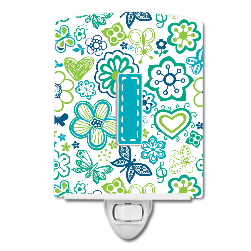 Letter I Flowers and Butterflies Teal Blue Ceramic Night Light CJ2006-ICNL - the-store.com