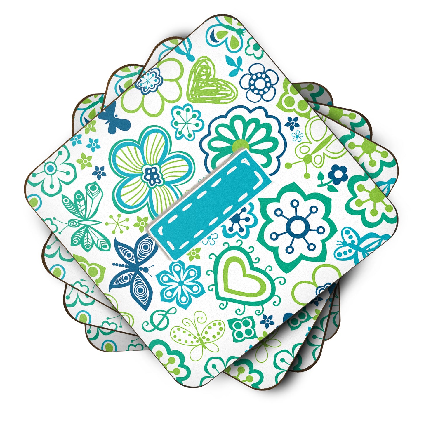 Set of 4 Letter I Flowers and Butterflies Teal Blue Foam Coasters CJ2006-IFC - the-store.com