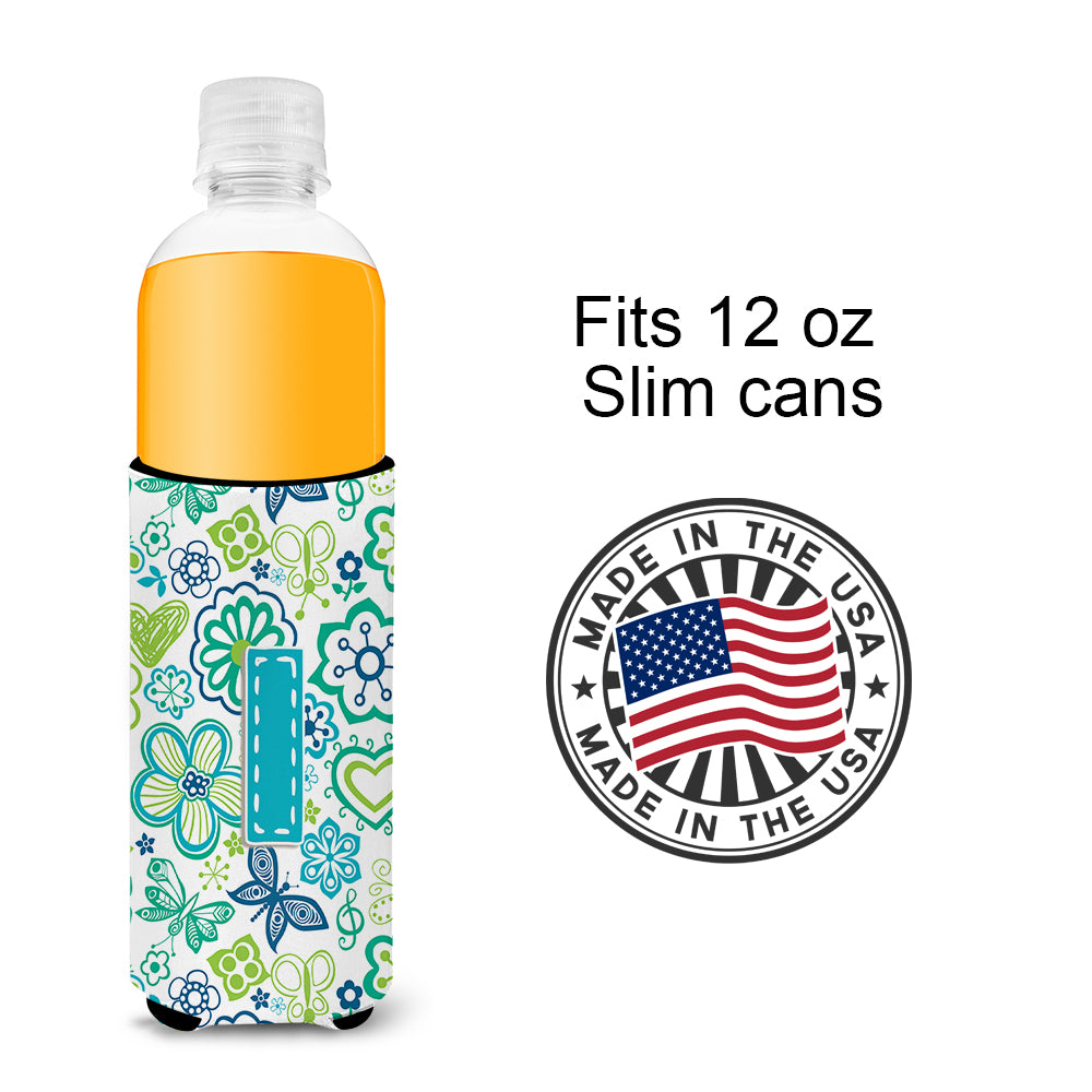 Letter I Flowers and Butterflies Teal Blue Ultra Beverage Insulators for slim cans CJ2006-IMUK.