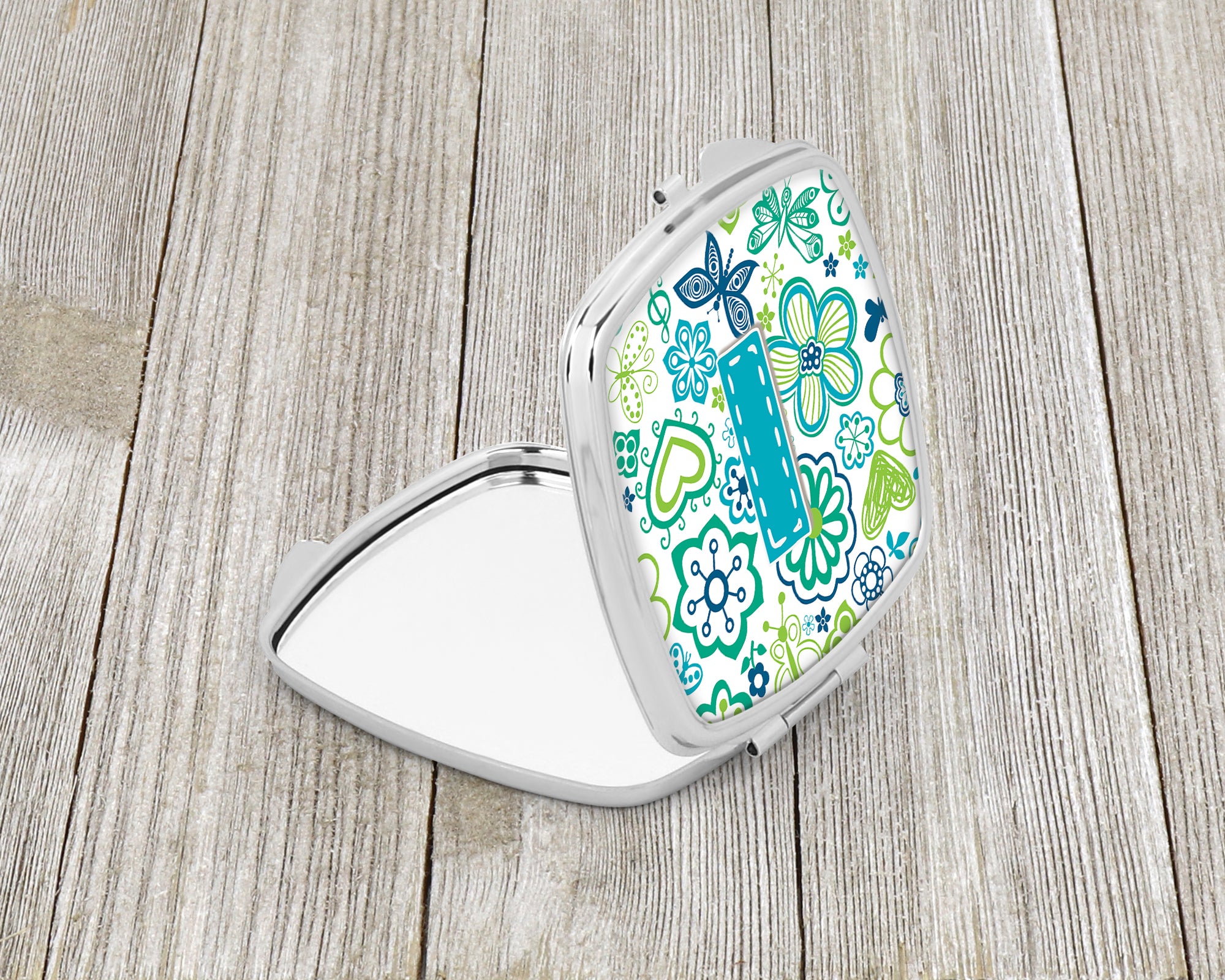Letter I Flowers and Butterflies Teal Blue Compact Mirror CJ2006-ISCM  the-store.com.