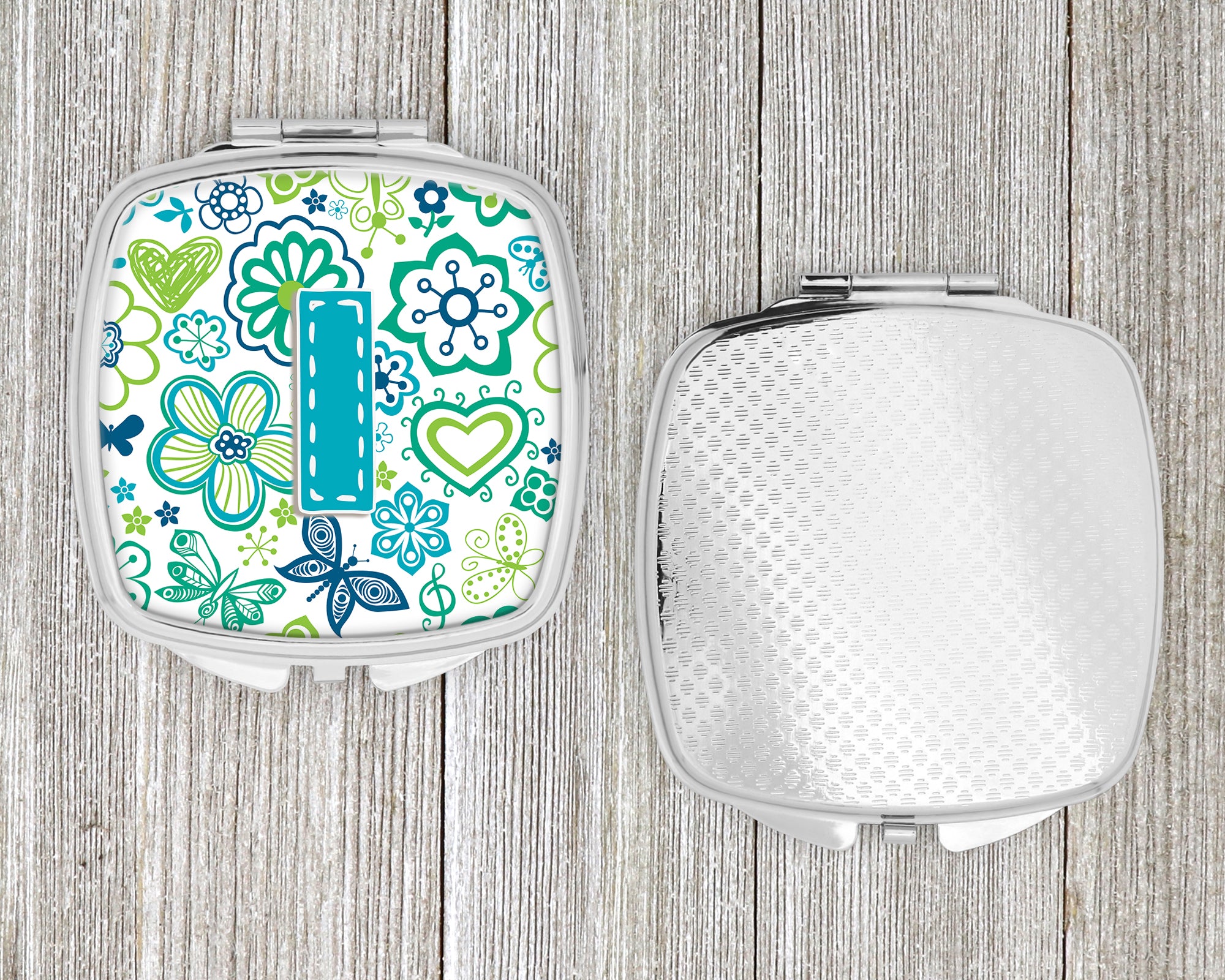 Letter I Flowers and Butterflies Teal Blue Compact Mirror CJ2006-ISCM  the-store.com.