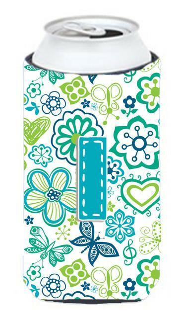 Letter I Flowers and Butterflies Teal Blue Tall Boy Beverage Insulator Hugger CJ2006-ITBC by Caroline&#39;s Treasures