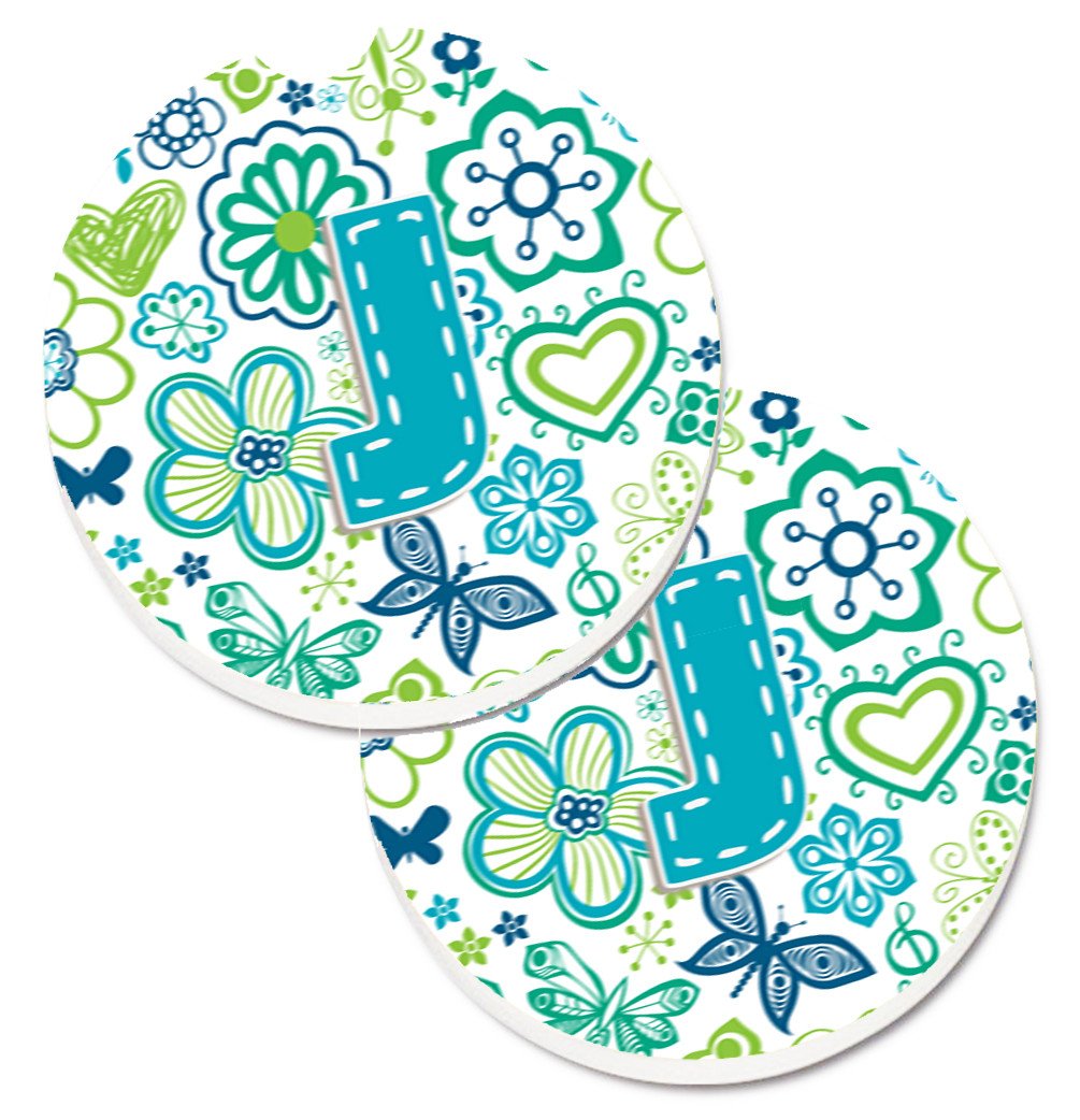 Letter J Flowers and Butterflies Teal Blue Set of 2 Cup Holder Car Coasters CJ2006-JCARC by Caroline&#39;s Treasures