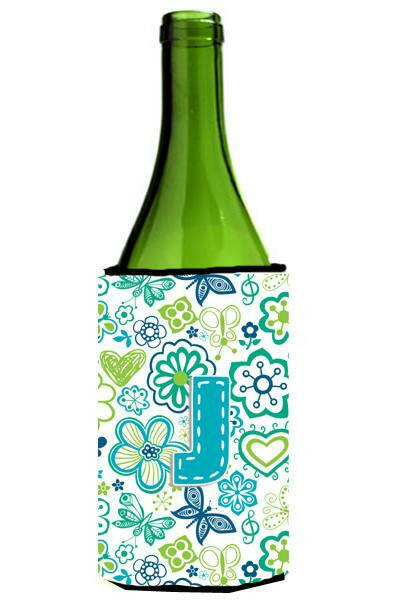Letter J Flowers and Butterflies Teal Blue Wine Bottle Beverage Insulator Hugger CJ2006-JLITERK by Caroline&#39;s Treasures