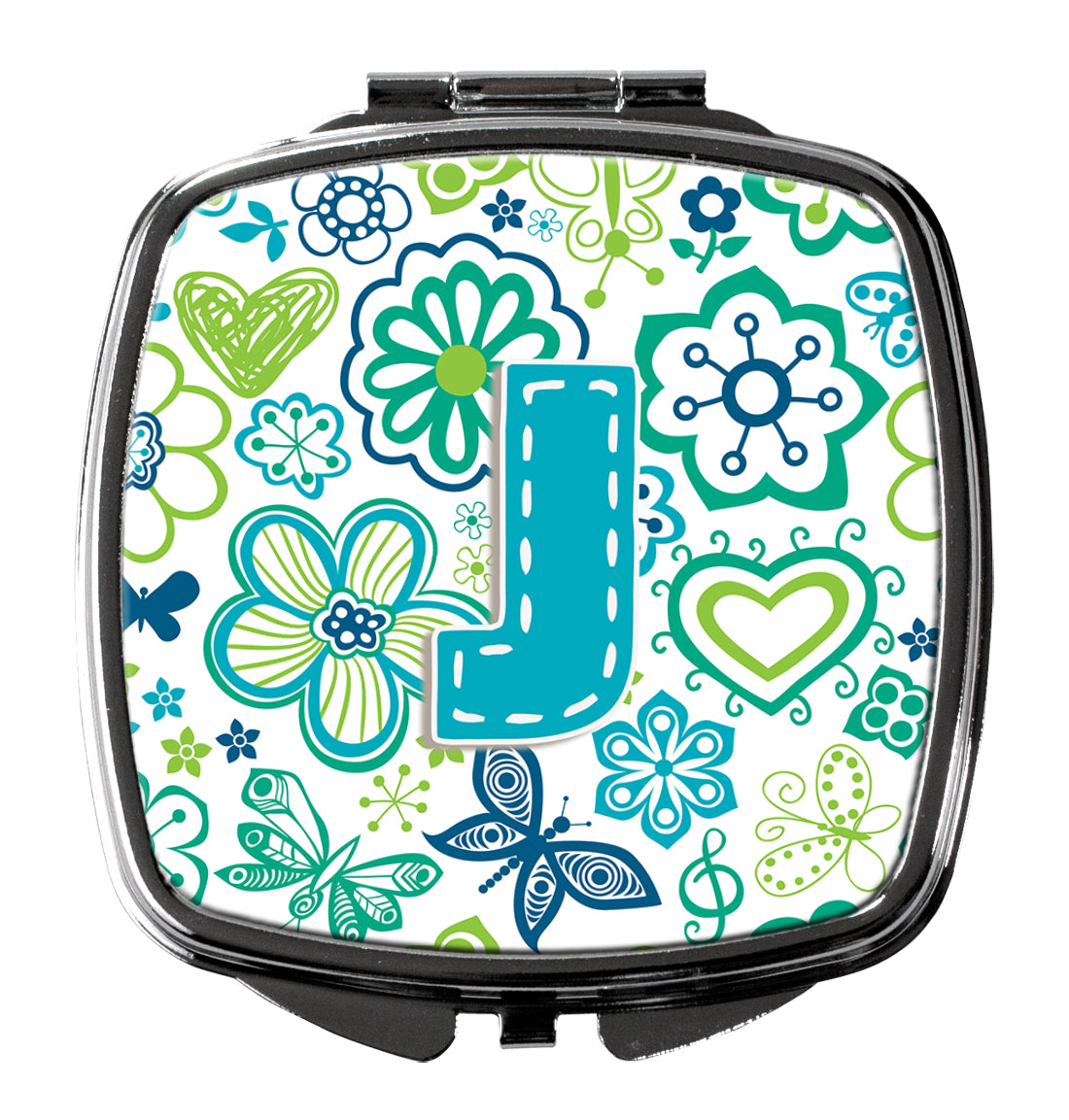 Caroline's Treasures Letter J Flowers and Butterflies Teal Blue Compact Mirror – Stylish Purse Mirror with Artistic Covers CJ2006-JSCM