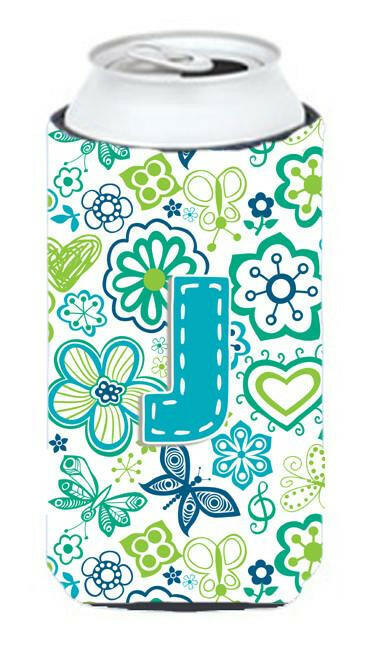 Letter J Flowers and Butterflies Teal Blue Tall Boy Beverage Insulator Hugger CJ2006-JTBC by Caroline's Treasures