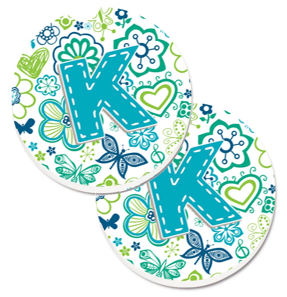 Letter K Flowers and Butterflies Teal Blue Set of 2 Cup Holder Car Coasters CJ2006-KCARC by Caroline&#39;s Treasures