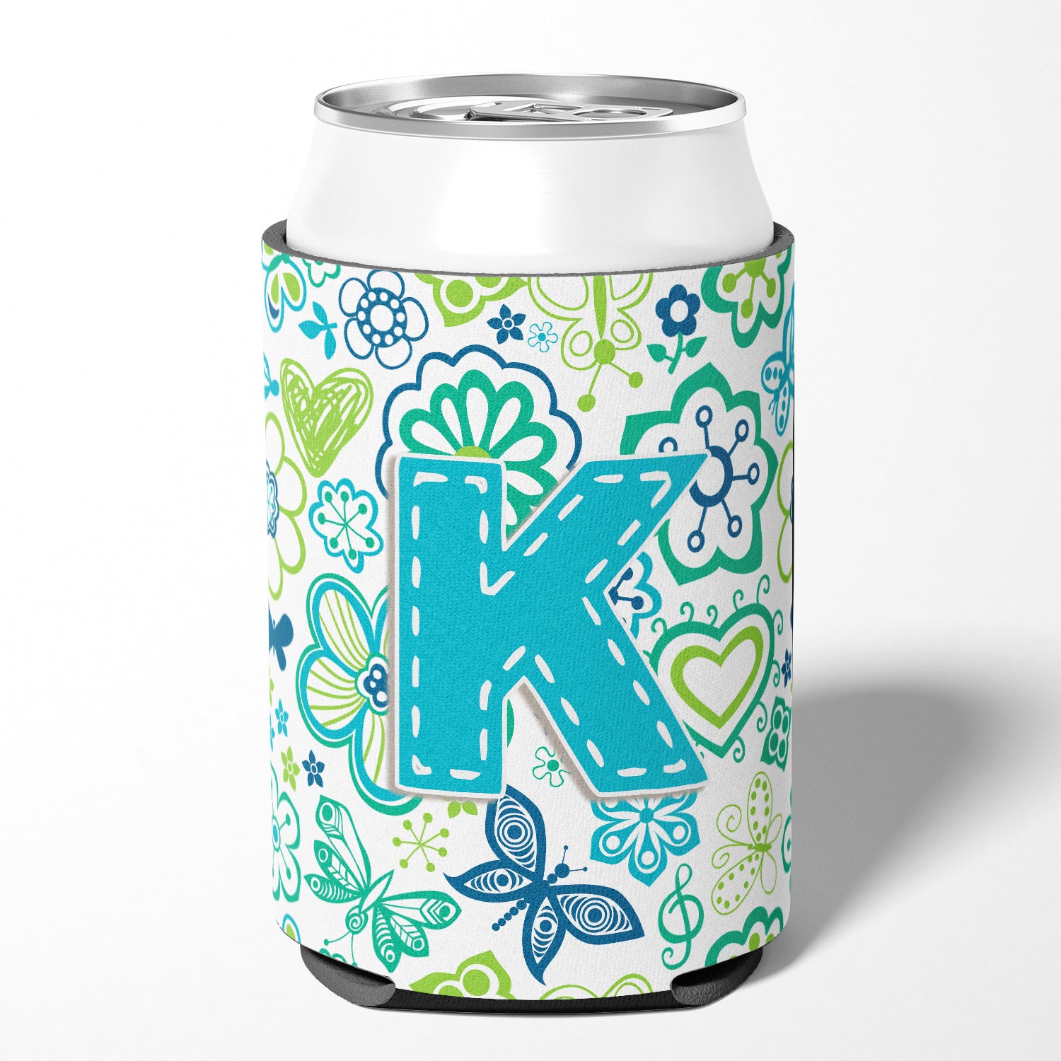 Letter K Flowers and Butterflies Teal Blue Can or Bottle Hugger CJ2006-KCC