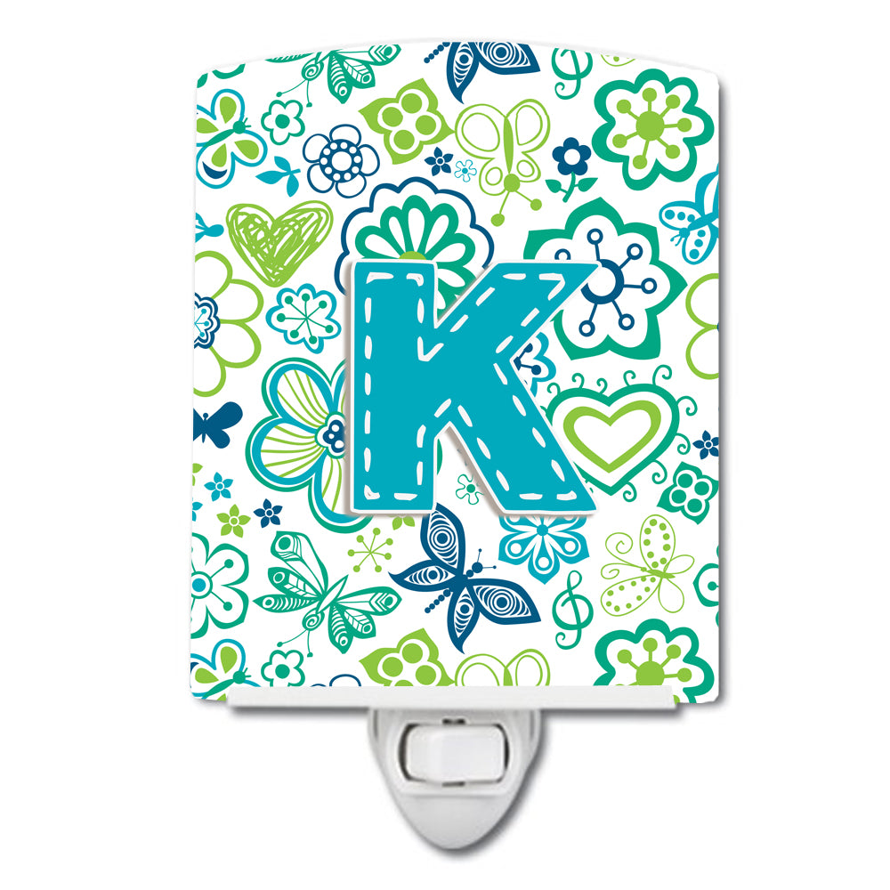 Letter K Flowers and Butterflies Teal Blue Ceramic Night Light CJ2006-KCNL - the-store.com