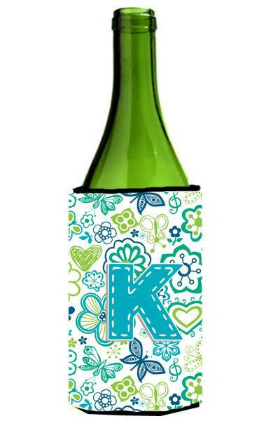 Letter K Flowers and Butterflies Teal Blue Wine Bottle Beverage Insulator Hugger CJ2006-KLITERK by Caroline&#39;s Treasures