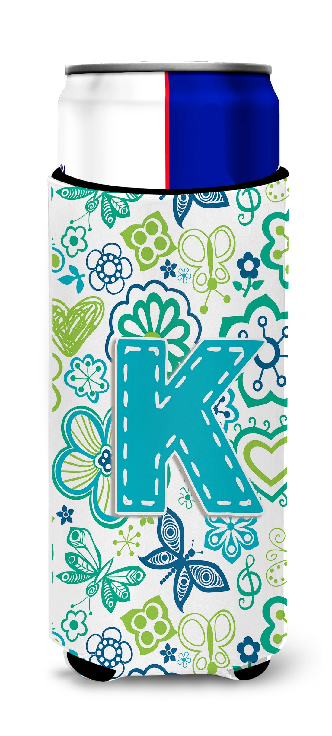 Letter K Flowers and Butterflies Teal Blue Ultra Beverage Insulators for slim cans CJ2006-KMUK.