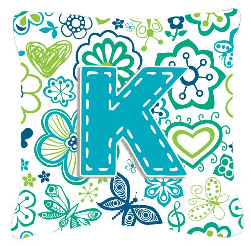 Letter K Flowers and Butterflies Teal Blue Canvas Fabric Decorative Pillow by Caroline&#39;s Treasures