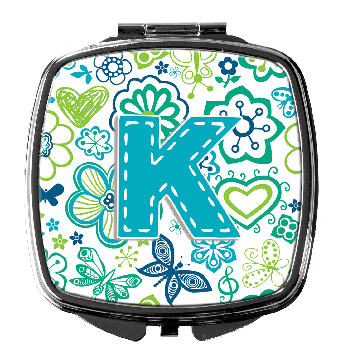 Letter K Flowers and Butterflies Teal Blue Compact Mirror CJ2006-KSCM
