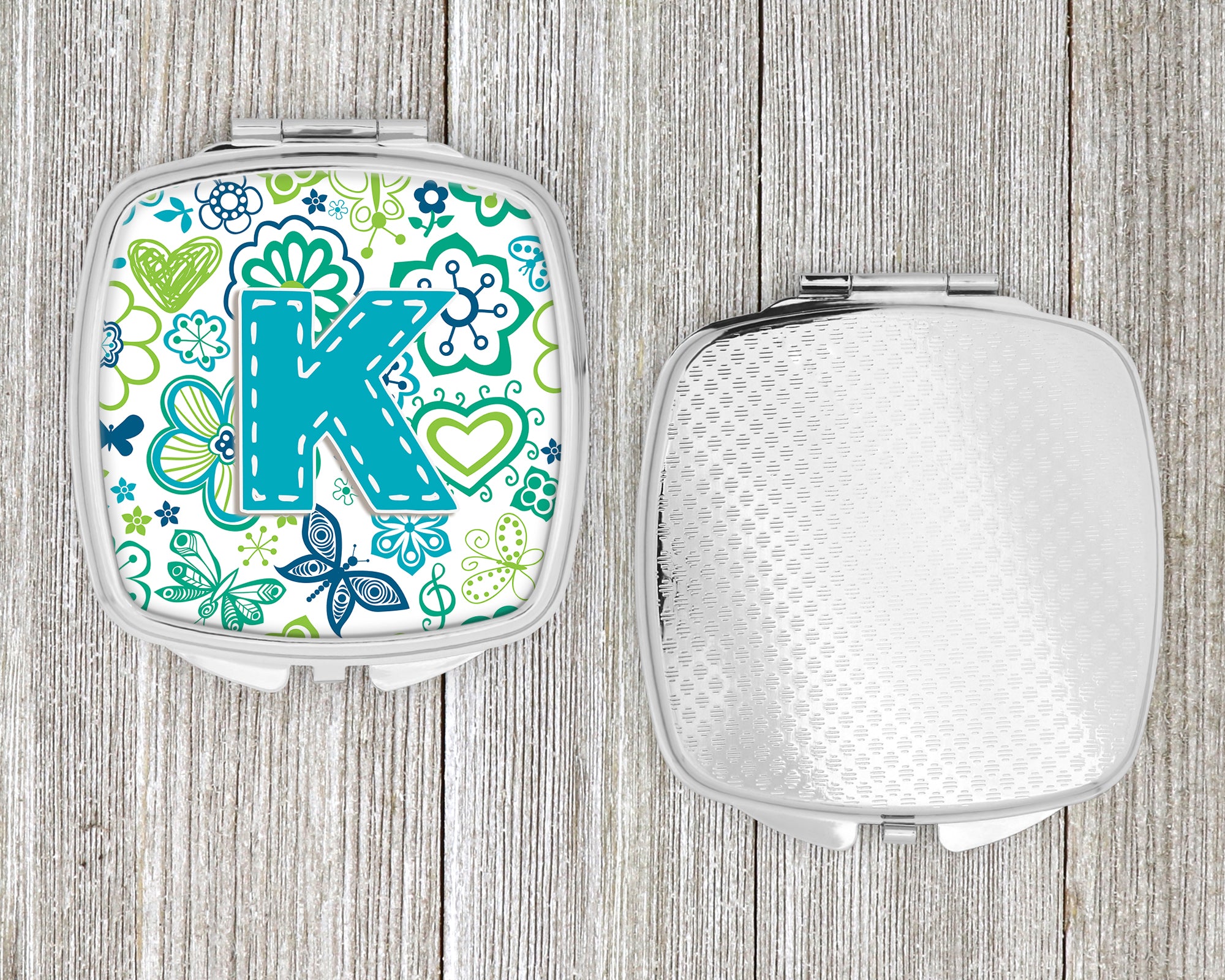 Letter K Flowers and Butterflies Teal Blue Compact Mirror CJ2006-KSCM  the-store.com.