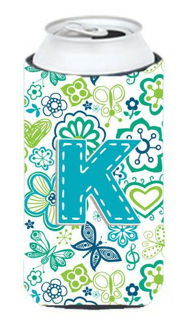 Letter K Flowers and Butterflies Teal Blue Tall Boy Beverage Insulator Hugger CJ2006-KTBC by Caroline&#39;s Treasures