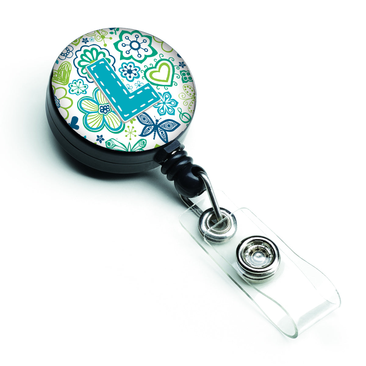 Letter L Flowers and Butterflies Teal Blue Retractable Badge Reel CJ2006-LBR