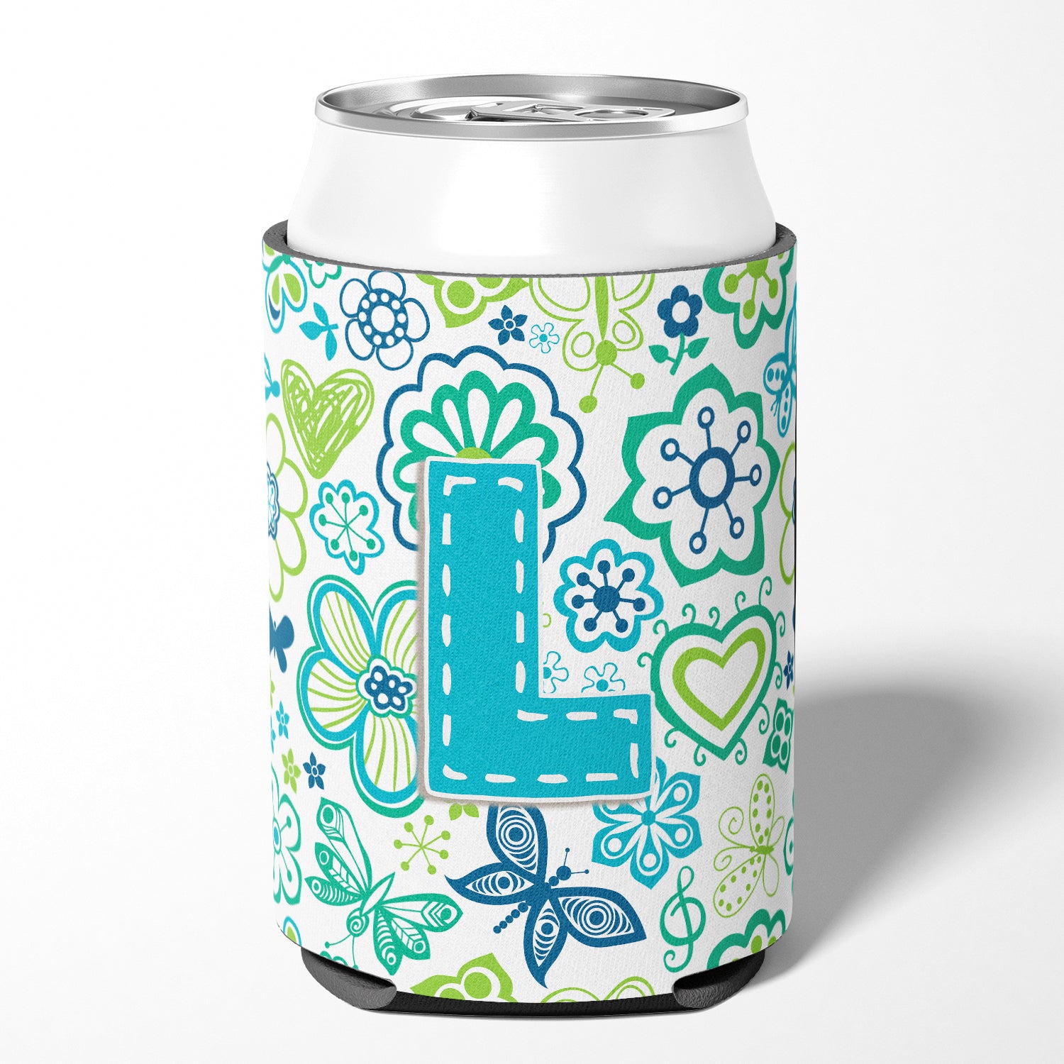 Letter L Flowers and Butterflies Teal Blue Can or Bottle Hugger CJ2006-LCC.