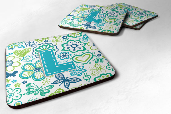 Set of 4 Letter L Flowers and Butterflies Teal Blue Foam Coasters CJ2006-LFC - the-store.com