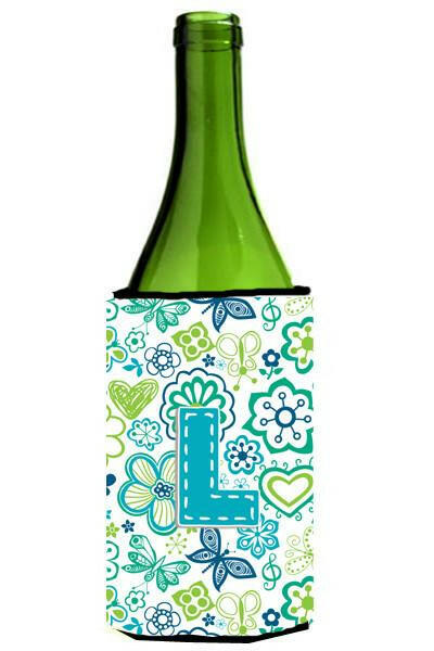 Letter L Flowers and Butterflies Teal Blue Wine Bottle Beverage Insulator Hugger CJ2006-LLITERK by Caroline&#39;s Treasures