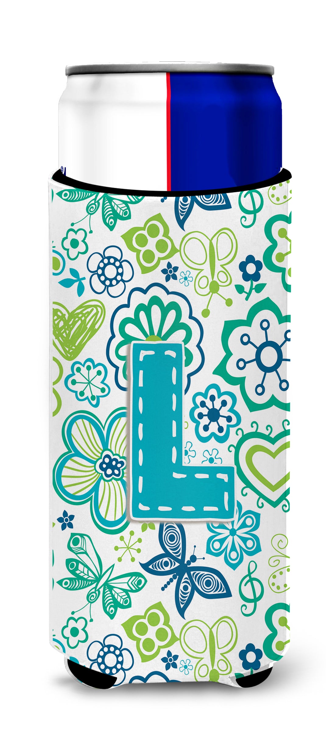Letter L Flowers and Butterflies Teal Blue Ultra Beverage Insulators for slim cans CJ2006-LMUK.