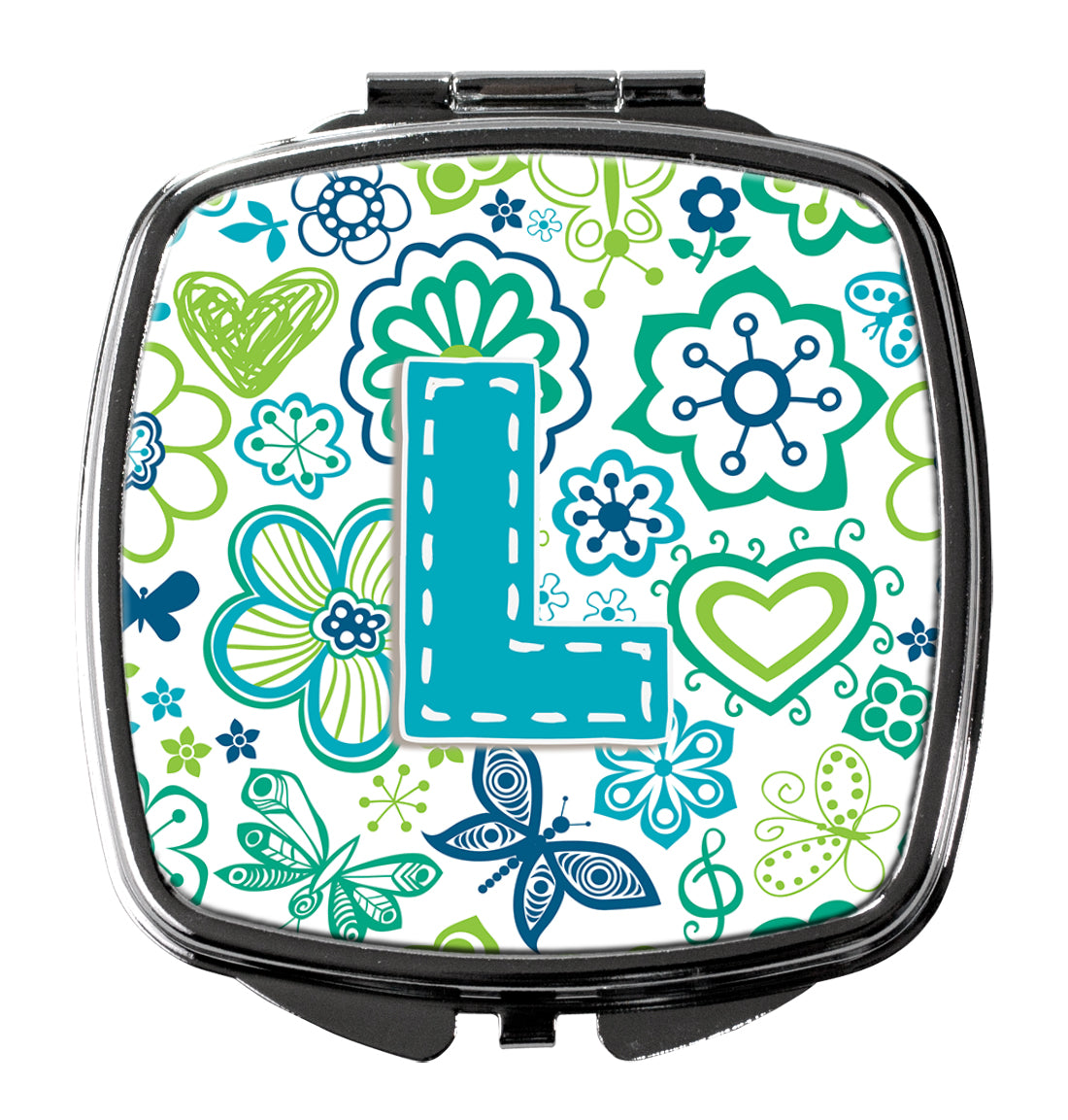 Letter L Flowers and Butterflies Teal Blue Compact Mirror CJ2006-LSCM  the-store.com.