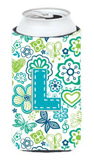 Letter L Flowers and Butterflies Teal Blue Tall Boy Beverage Insulator Hugger CJ2006-LTBC by Caroline&#39;s Treasures