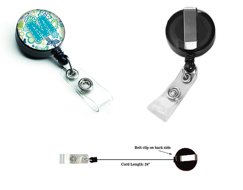 Letter M Flowers and Butterflies Teal Blue Retractable Badge Reel CJ2006-MBR  the-store.com.