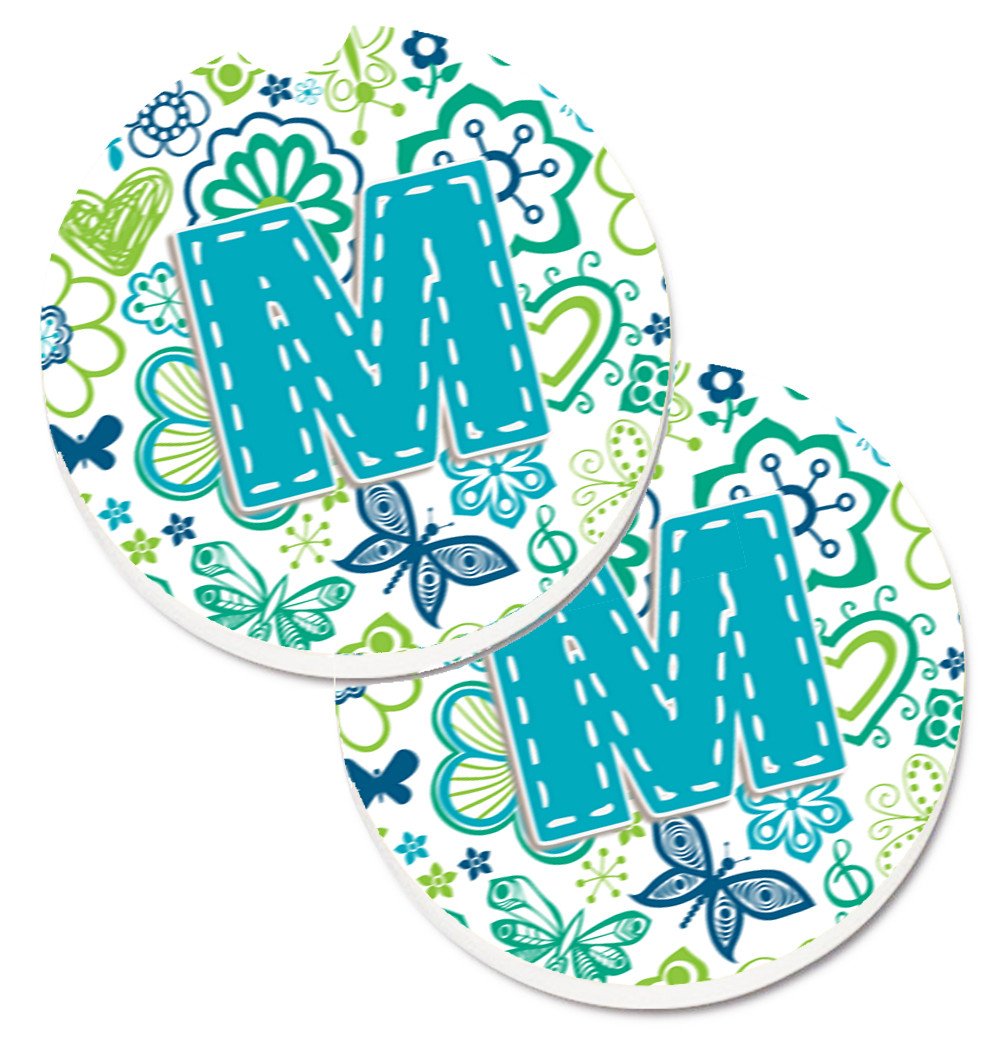 Letter M Flowers and Butterflies Teal Blue Set of 2 Cup Holder Car Coasters CJ2006-MCARC by Caroline&#39;s Treasures