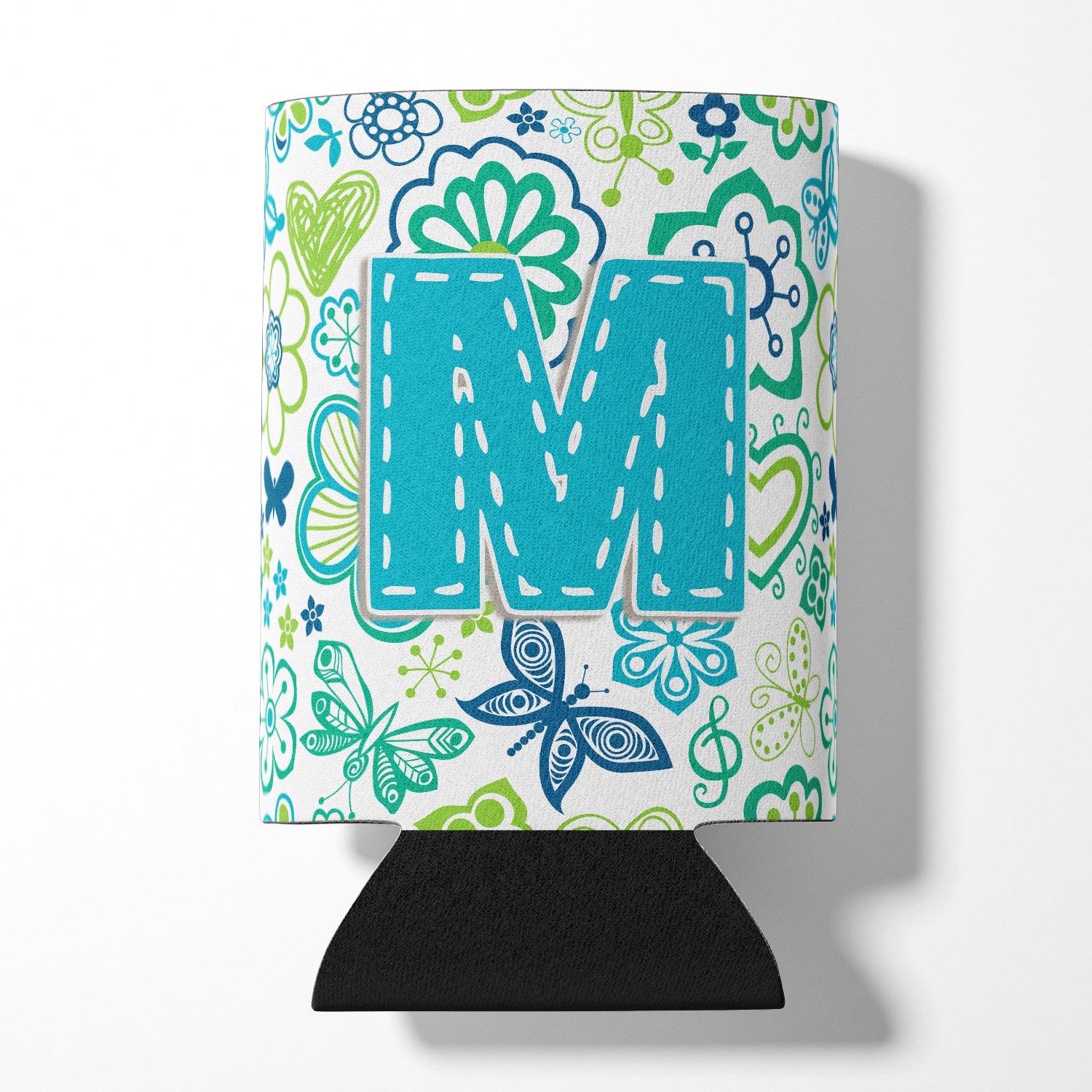 Letter M Flowers and Butterflies Teal Blue Can or Bottle Hugger CJ2006-MCC.