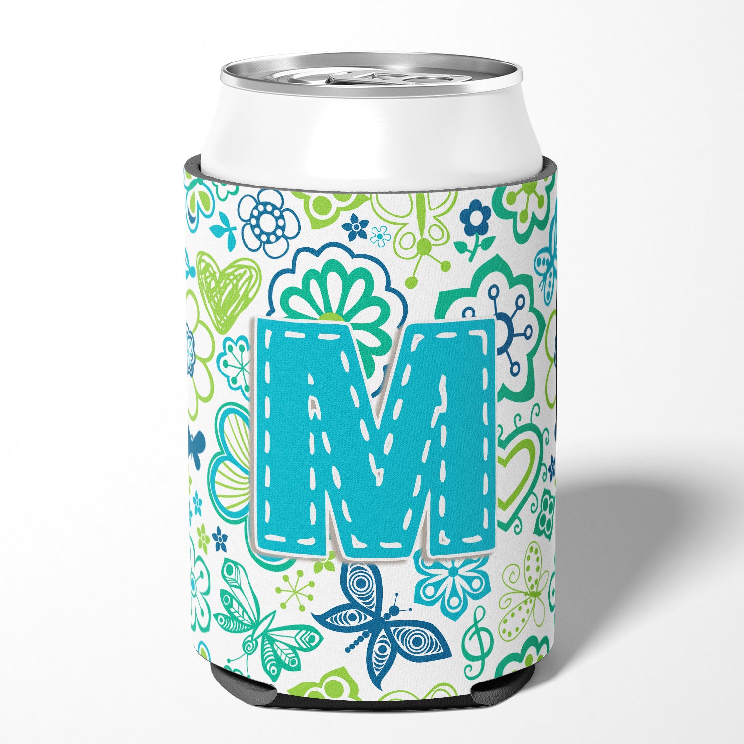 Letter M Flowers and Butterflies Teal Blue Can or Bottle Hugger CJ2006-MCC