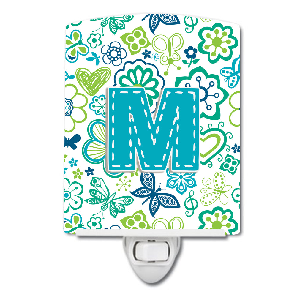 Letter M Flowers and Butterflies Teal Blue Ceramic Night Light CJ2006-MCNL - the-store.com