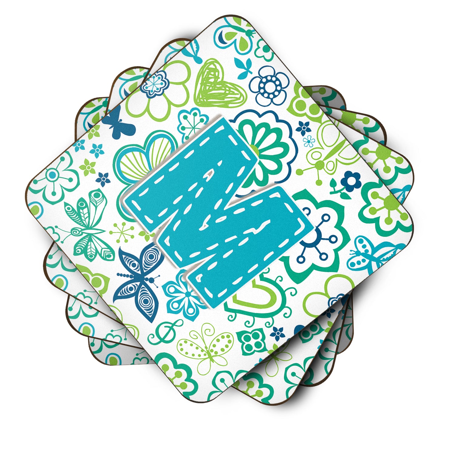 Set of 4 Letter M Flowers and Butterflies Teal Blue Foam Coasters CJ2006-MFC - the-store.com