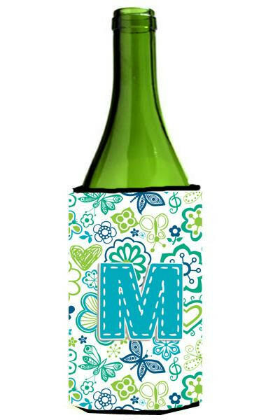 Letter M Flowers and Butterflies Teal Blue Wine Bottle Beverage Insulator Hugger CJ2006-MLITERK by Caroline&#39;s Treasures