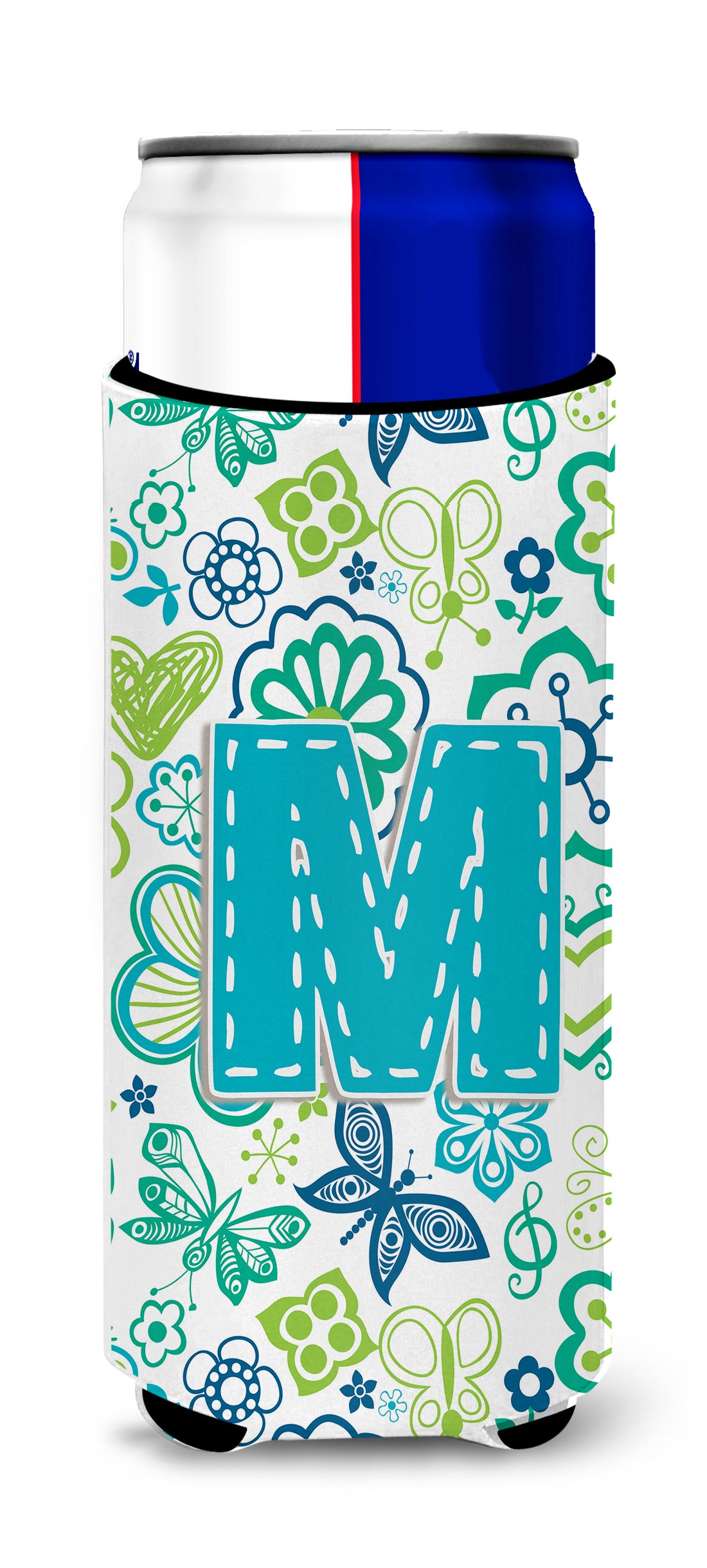Letter M Flowers and Butterflies Teal Blue Ultra Beverage Insulators for slim cans CJ2006-MMUK.